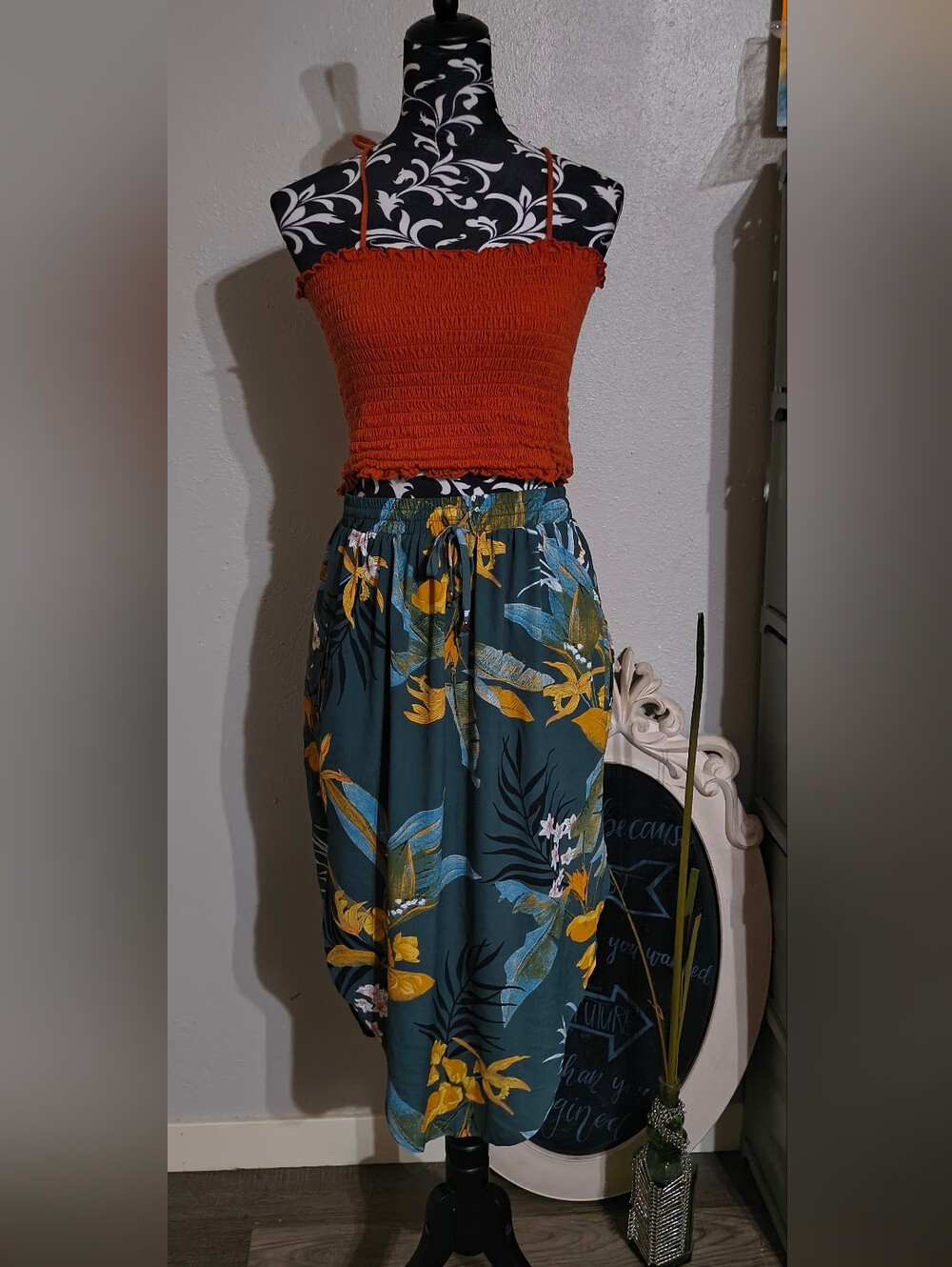 Tropical Print Elastic Waist Skirt - Teal with Yellow Floral - Picture 1 of 8